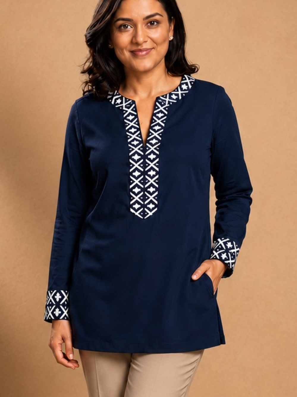 Tory Burch Ariana Navy Tunic with White Embroidered Trim